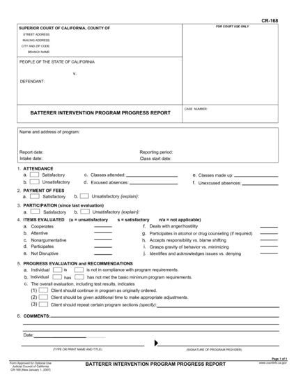 View CR-168 Batterer Intervention Program Progress Report form
